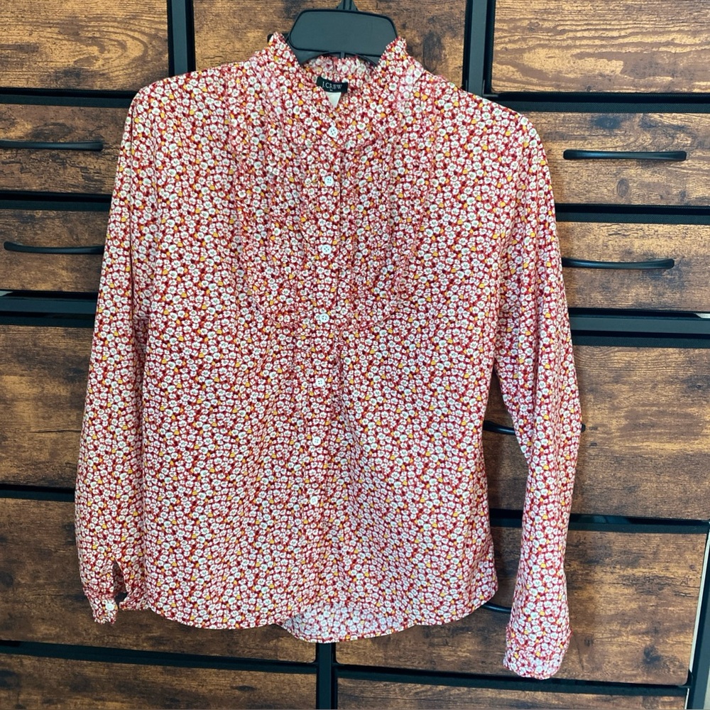 Women’s J Crew Red Ditzy Floral Ruffle Placard Blouse Cottagecore Size Small